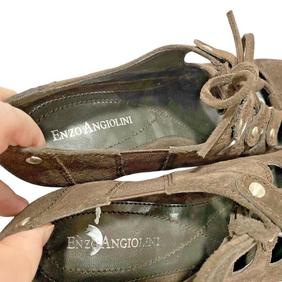 Enzo Angiolini brown suede lace up high heels Ghillies tire tread soles US 8.5M - Picture 7 of 10